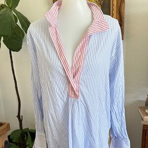 Wiggy Kit Blue and White Striped Button Down Shirt with Pink Collar